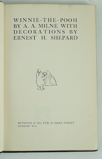 Milne, A.A - Winnie-The-Pooh. First Edition. num. illus (some full page, by Ernest H. Shepard), half title, pictorial map on e/ps.; original gilt-pictorial green cloth & gilt top, cr.8vo. 1926; Milne, A.A. - The House at